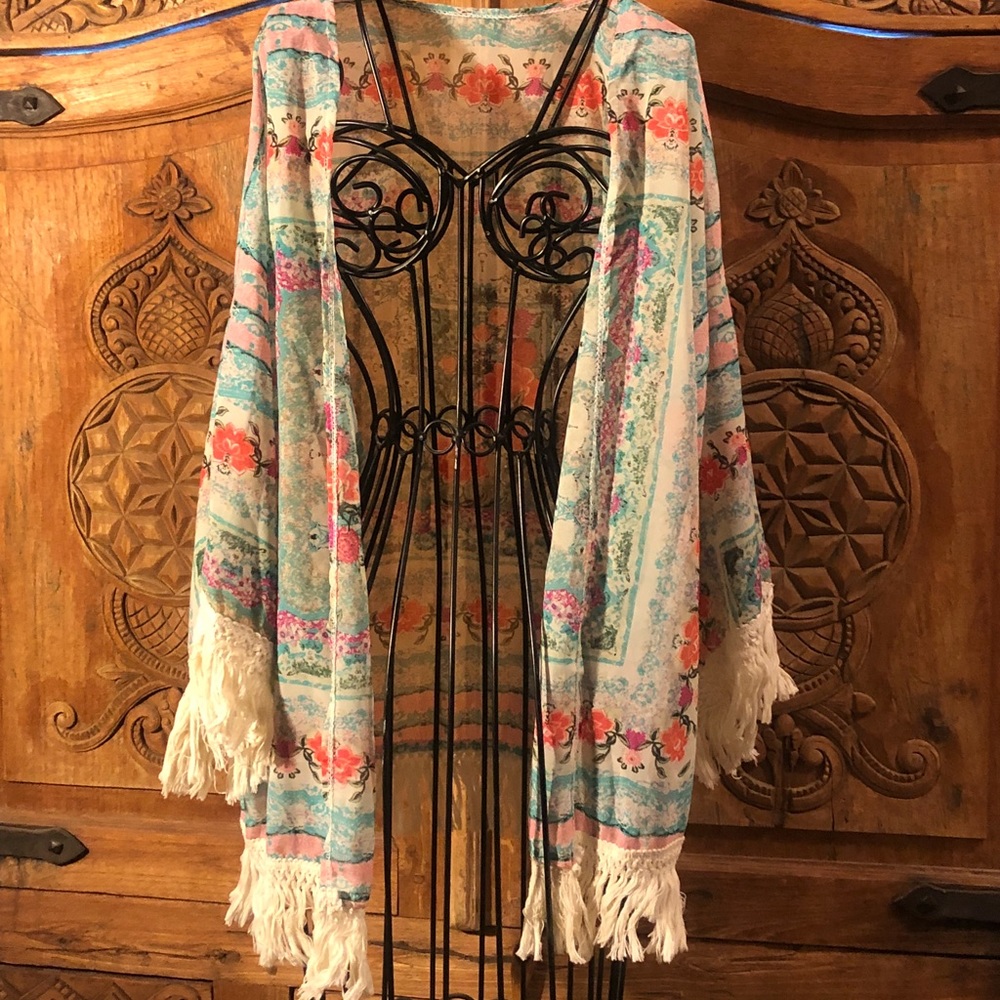 Floral semi-sheer cardigan with fringe